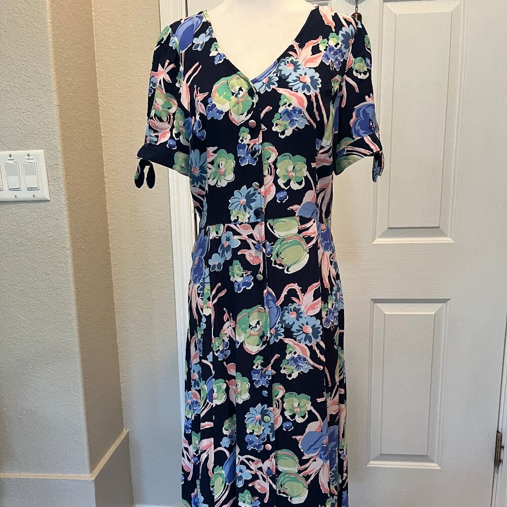 Talbots dress, navy blue with vibrant floral pattern, size 4